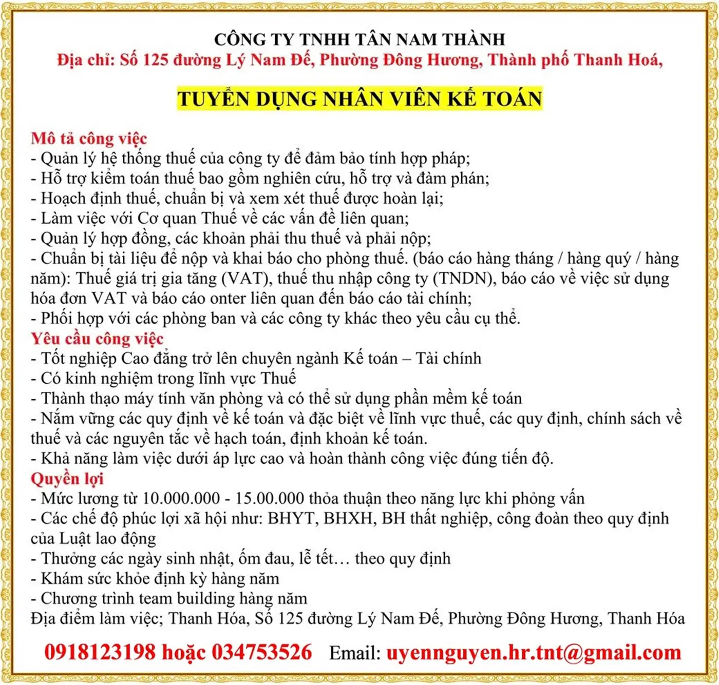 Tuyển kế toán tại Thanh Hóa