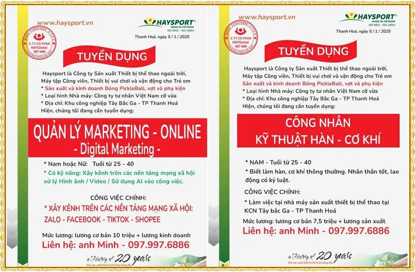 Công ty đồ thể thao tại Thanh hóa tuyển kỹ thuật cơ khí, hàn