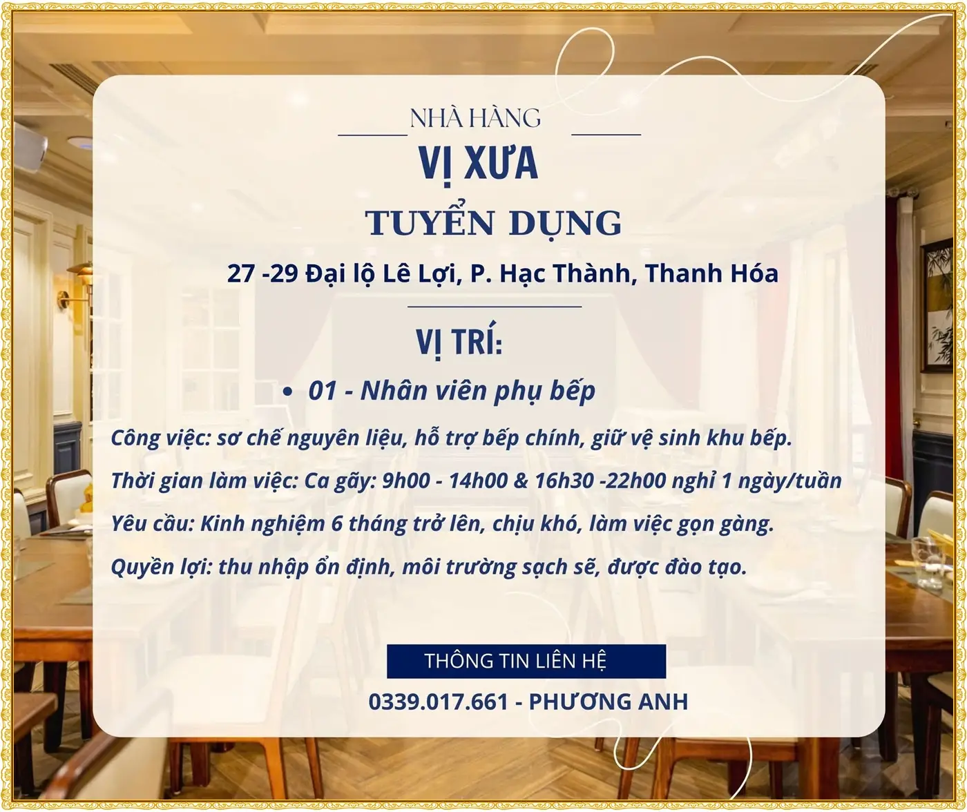 Thanh hóa tuyển nhân viên phụ bếp