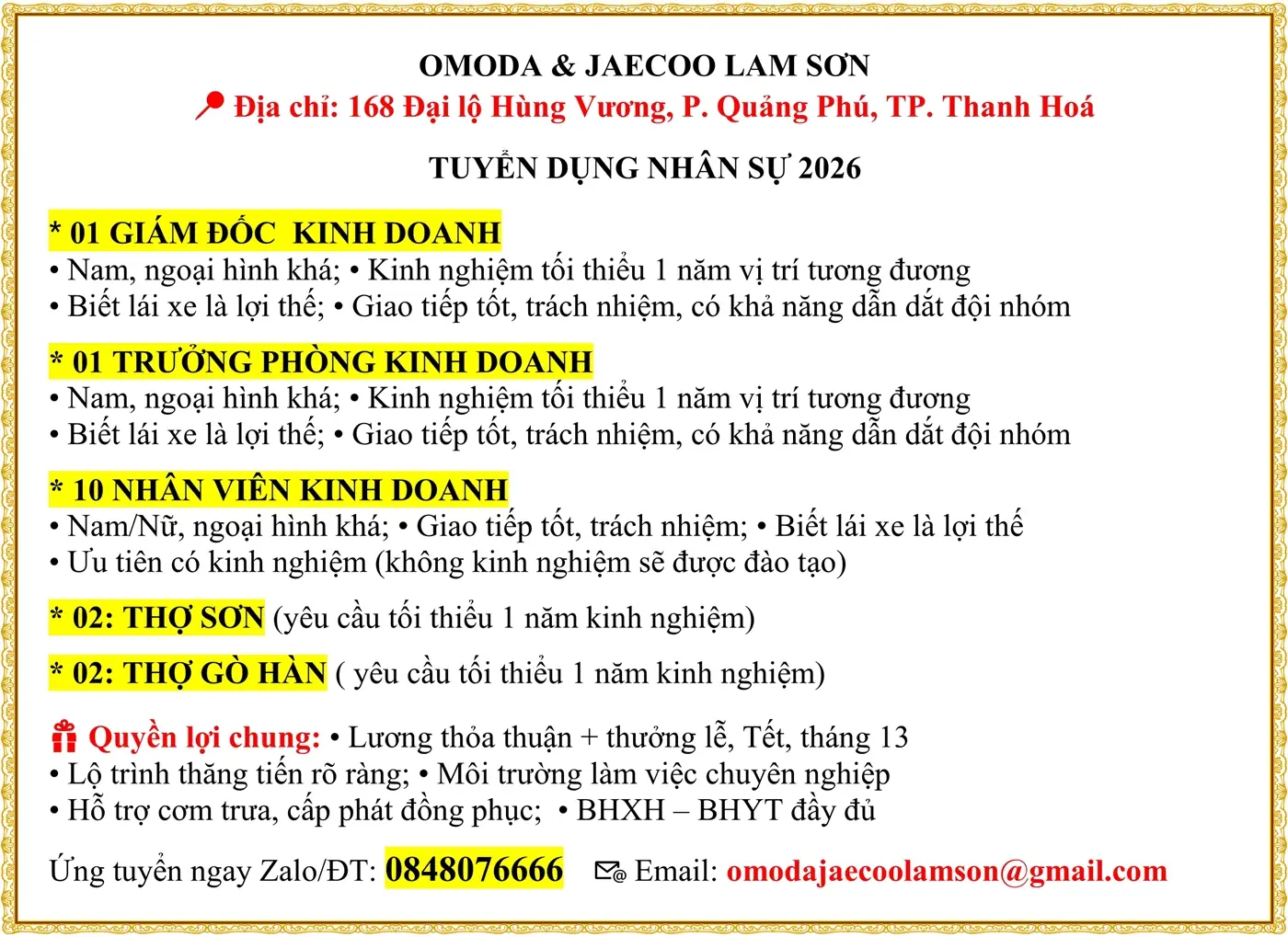 Tuyển nhân viên khinh doanh, thợ sơn, thợ hàn tại Thanh Hóa