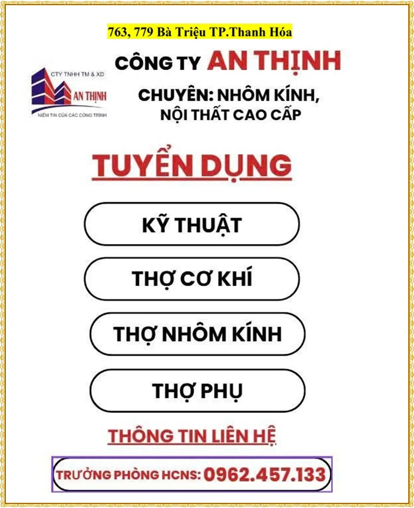 Thanh Hóa tuyển kỹ thuật, cơ khí, nhôm kính