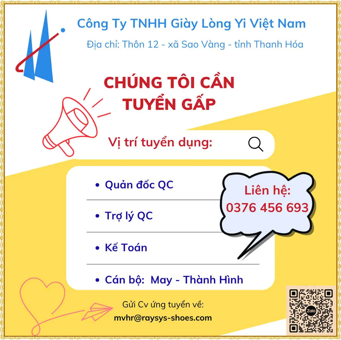 Tuyển quản đốc, trợ lí QC