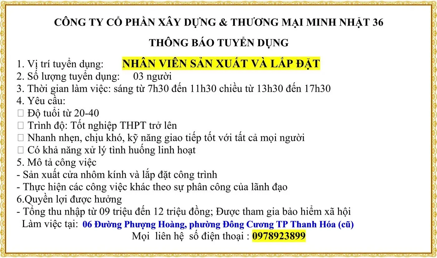 TUYỂN Nhân viên sản xuất và lắp đặt