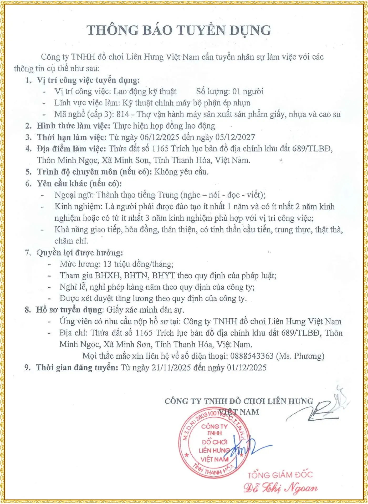 Tuyển nhân viên bộ phận ép nhựa tại Thanh Hóa