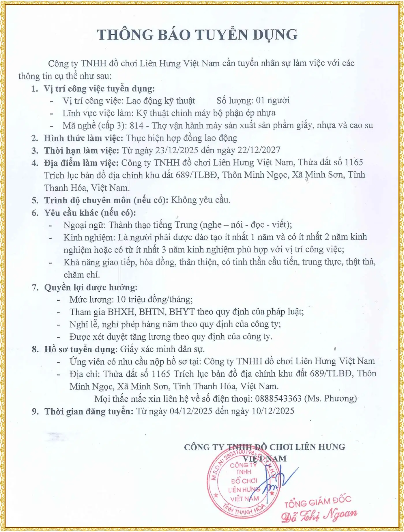 Thanh Hóa tuyển Kỹ thuật chỉnh máy bộ phận ép nhựa