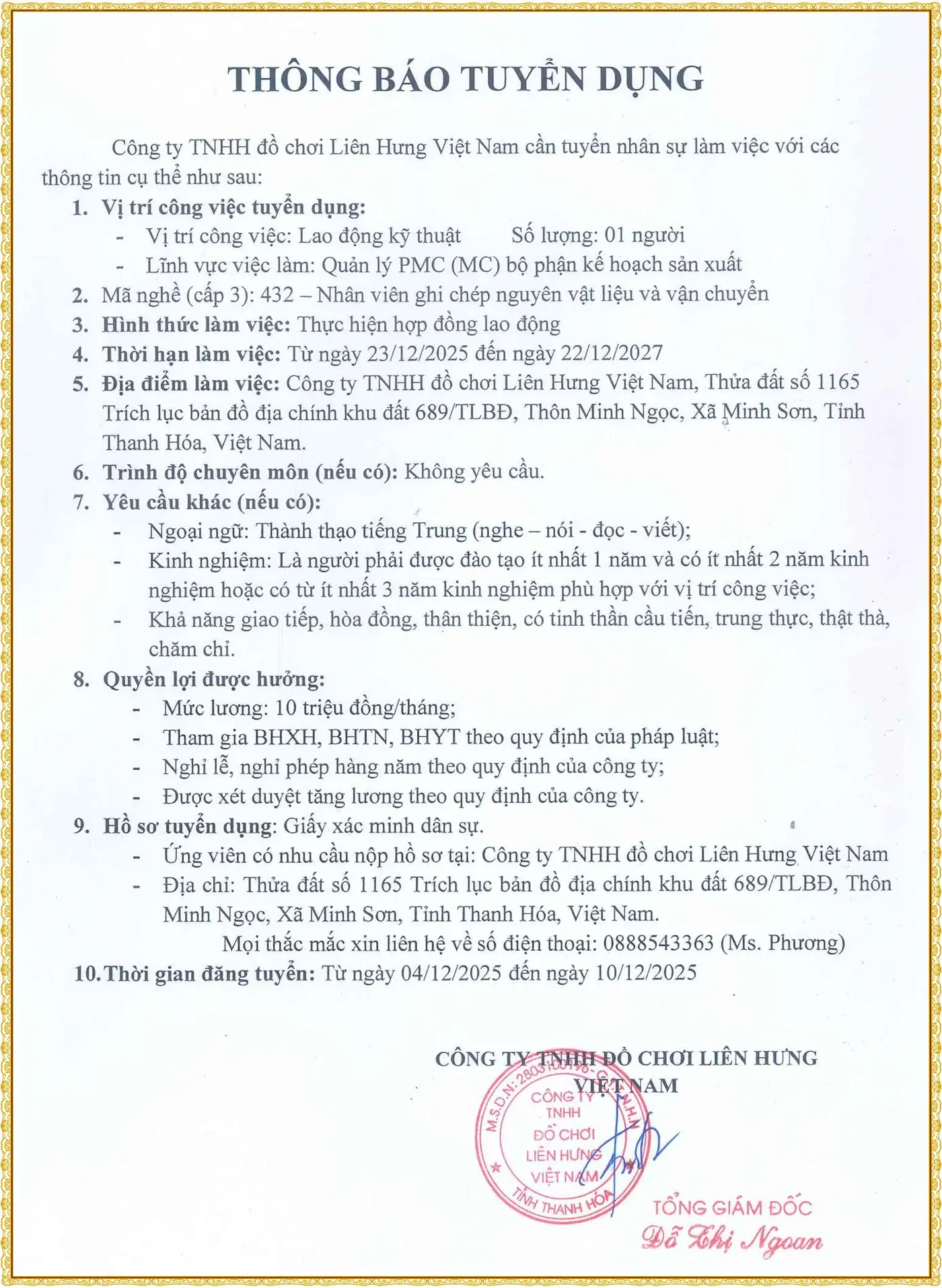 Thanh Hóa tuyển quản lý PMC