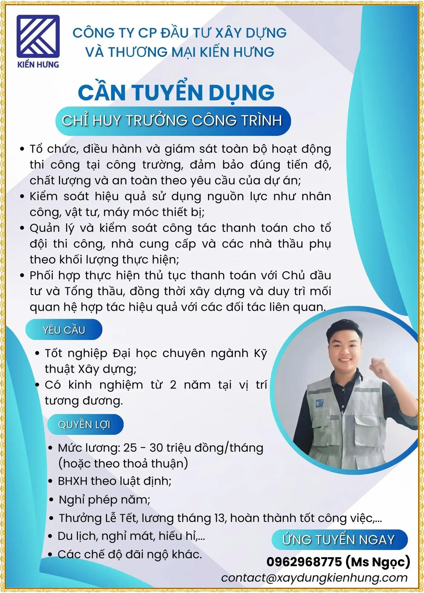 Thanh Hóa tuyển Kỹ sư trưởng công trình
