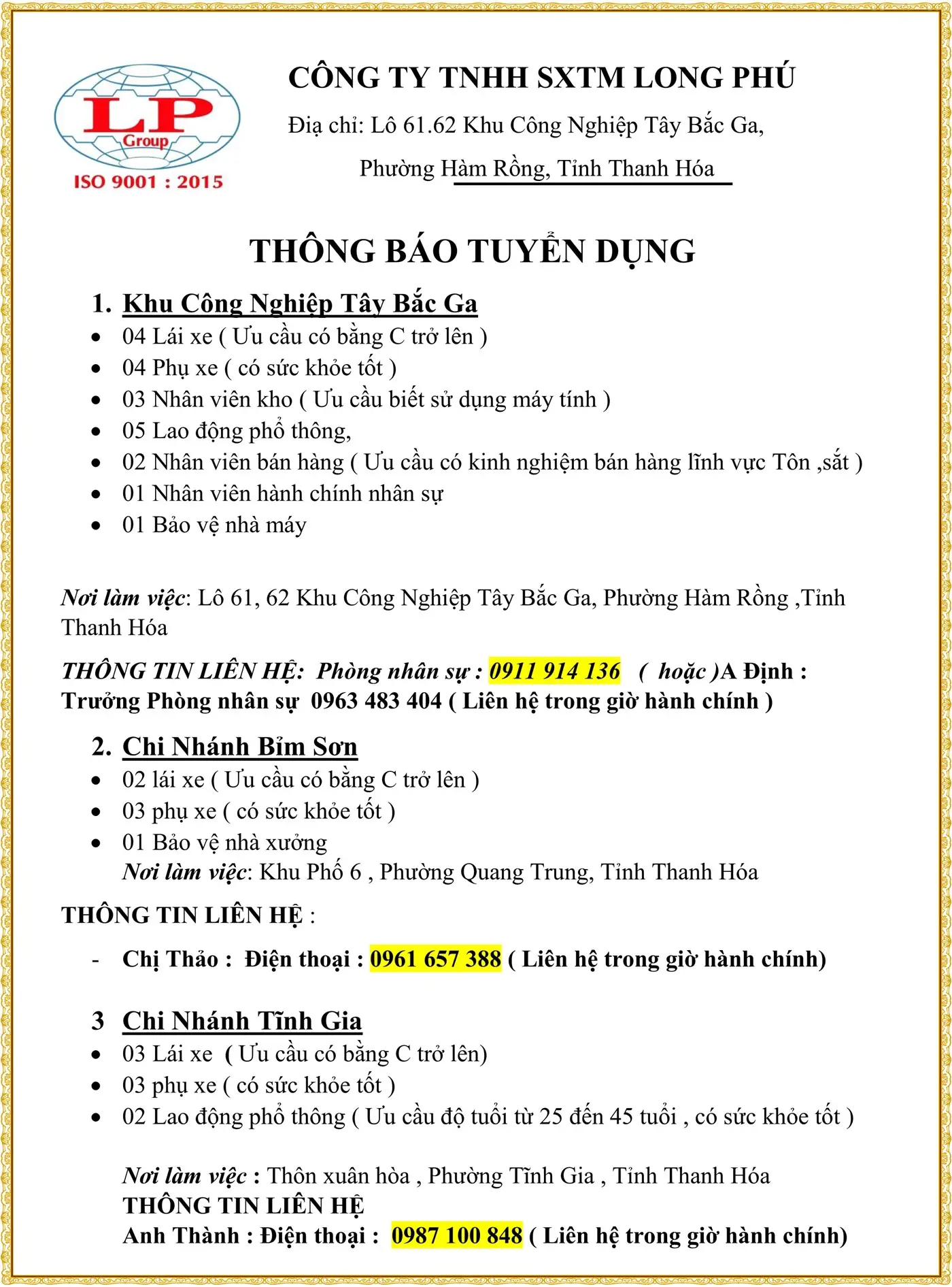 Thanh Hóa tuyển lái xe, phụ kho gấp