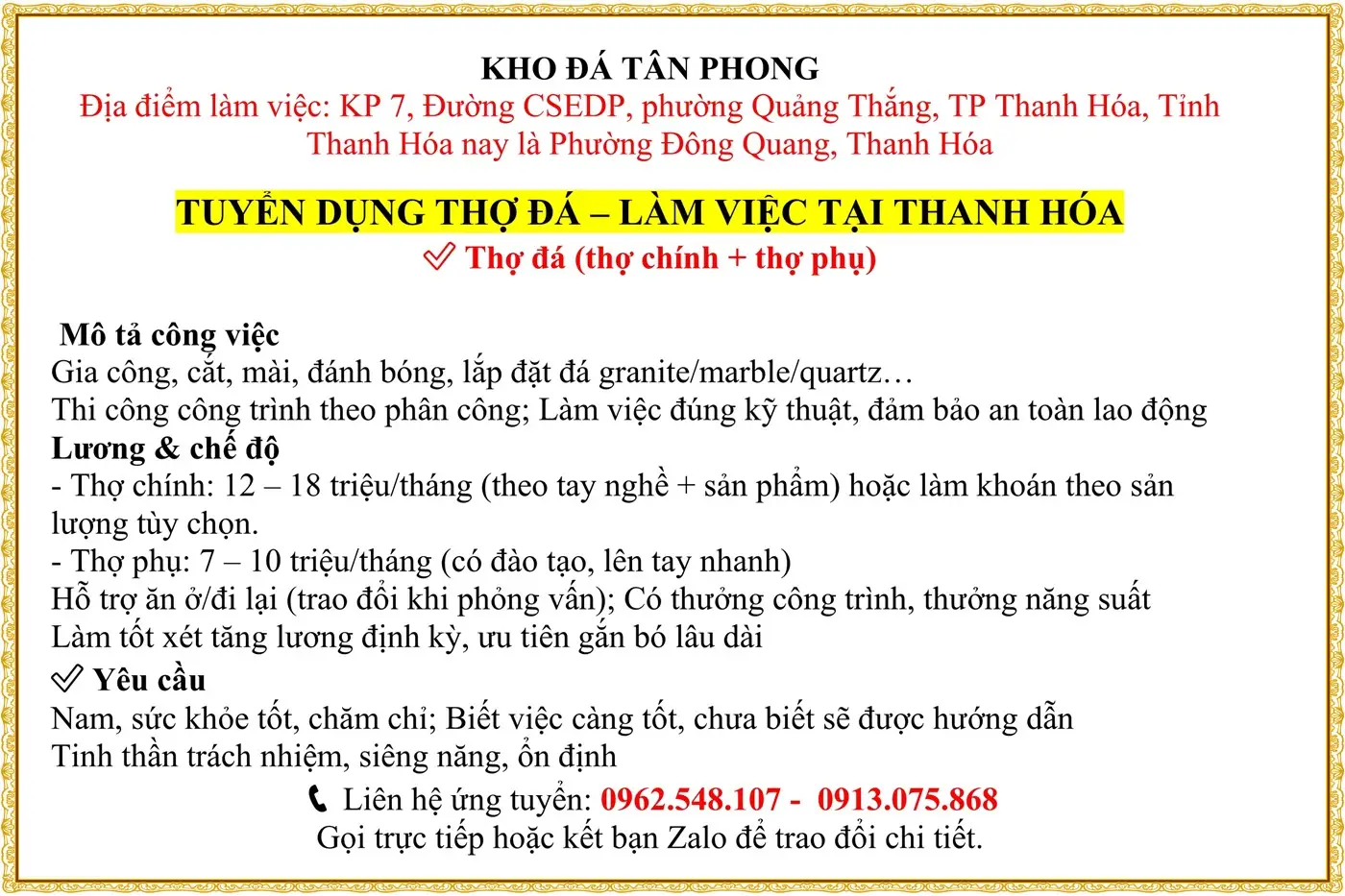 TUYỂN DỤNG THỢ ĐÁ – LÀM VIỆC TẠI THANH HÓA
