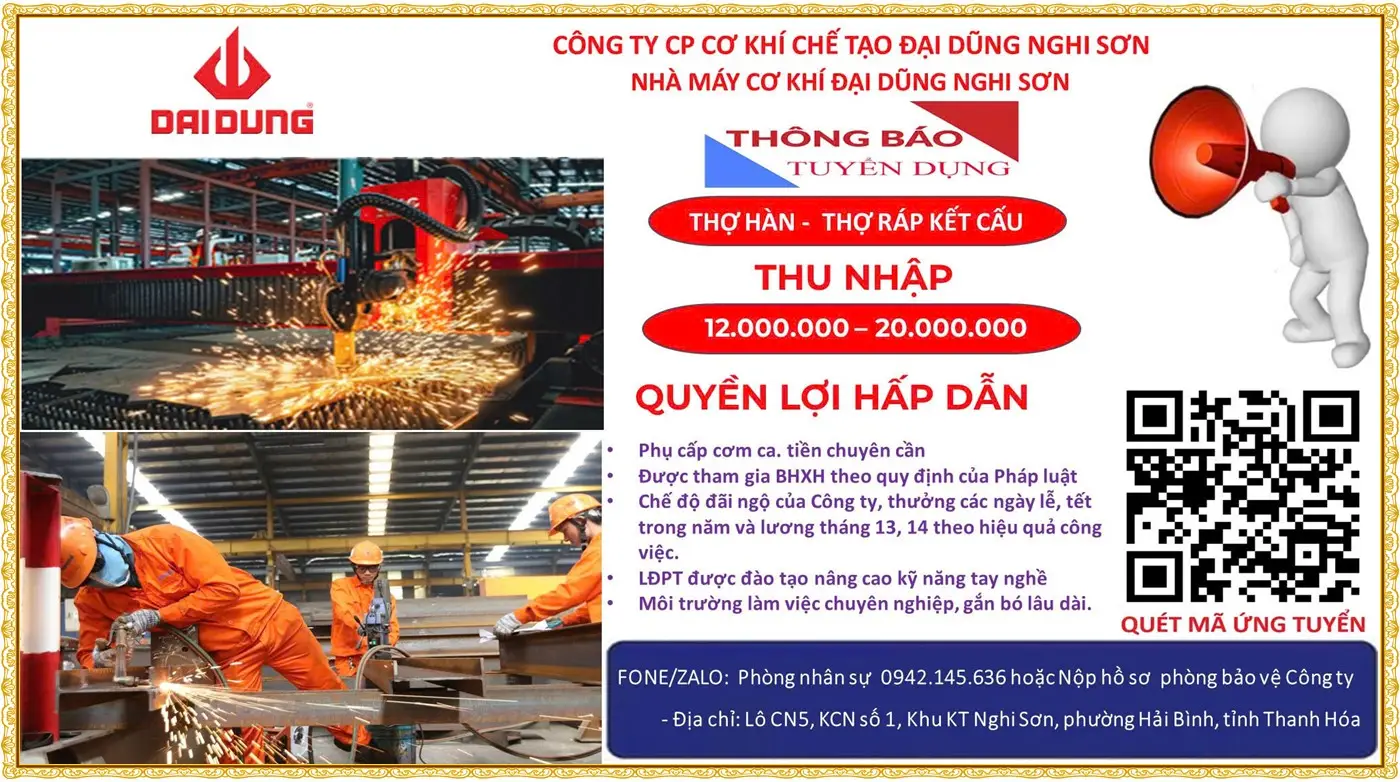 Nghi Sơn Thanh Hóa tuyển thợ hàn, thợ ráp cơ khí